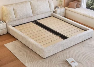 Gaya Italia beruang hitam kain Chenille lembut Master kamar tidur dengan rangka kayu dengan kasur dan penyimpanan - Product Image 4