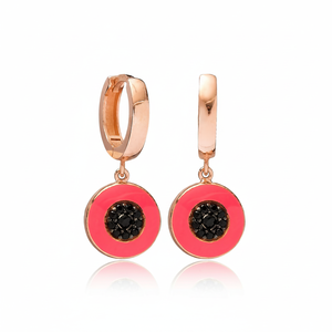 Round <b>Black</b> Zircon Pink Enamel <b>Dangle</b> <b>Earrings</b> Turkish Handmade Wholesale 925 Sterling Silver Jewelry - Product Image 2