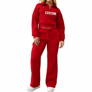 Conjunto Deportivo de 2 Piezas Rojo Personalizado para Mujer, Sudadera Corta con Cierre de Cremallera, Pantalones Anchos con Cordón, Corte Holgado Informal para Todas las Temporadas - Product Image 1