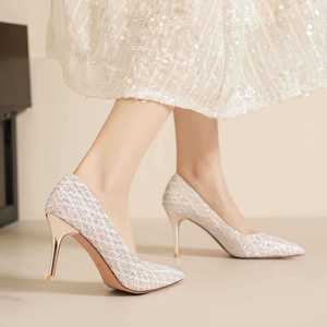 6681J Escarpins à bout pointu à paillettes, talon aiguille très haut, chaussures de mariée à enfiler, tendance mode - Product Image 2