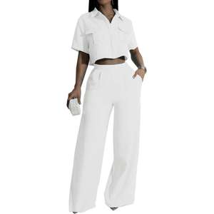 Spot Product Turn Down Collar Manga corta Crop Tops Pantalones de pierna ancha Casual 2 piezas Conjuntos de mujer Sehe Moda - Product Image 3