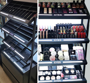 मेकअप डिस्प्ले कैबिनेट लोहे की लकड़ी बेकिंग पेंट प्रदर्शन शेल्फ सौंदर्य प्रसाधन अनुभव काउंटर अनुकूलित प्रदर्शन स्टैंड शॉप फिटिंग - Product Image 5