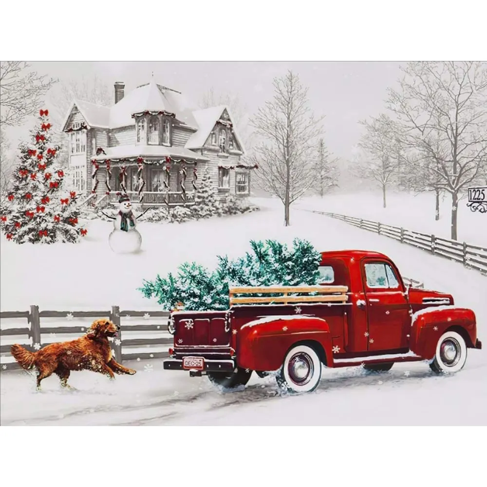 風景5DDIYダイヤモンド絵画冬のダイヤモンド絵画ホットセール車の犬雪だるまクリスマスツリーダイヤモンド刺Embroidery家の装飾