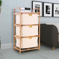 Panier à linge en bambou avec 3 compartiments, étagère, sac à linge