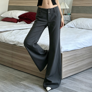 Pantalones Rectos de Cintura Baja con Tres Botones, Pantalones Acampanados Drapeados, Color Sólido, Estilo Urbano de Oficina, Pantalones Casuales Holgados que Favorecen la Figura - Product Image 2