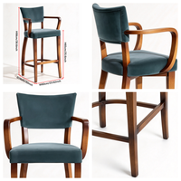 Tabouret de bar moderne en bois massif de frêne, style mi-siècle, luxe léger et écologique |   Revêtement en velours bleu foncé |   Chaise de bar sculptée et courbée