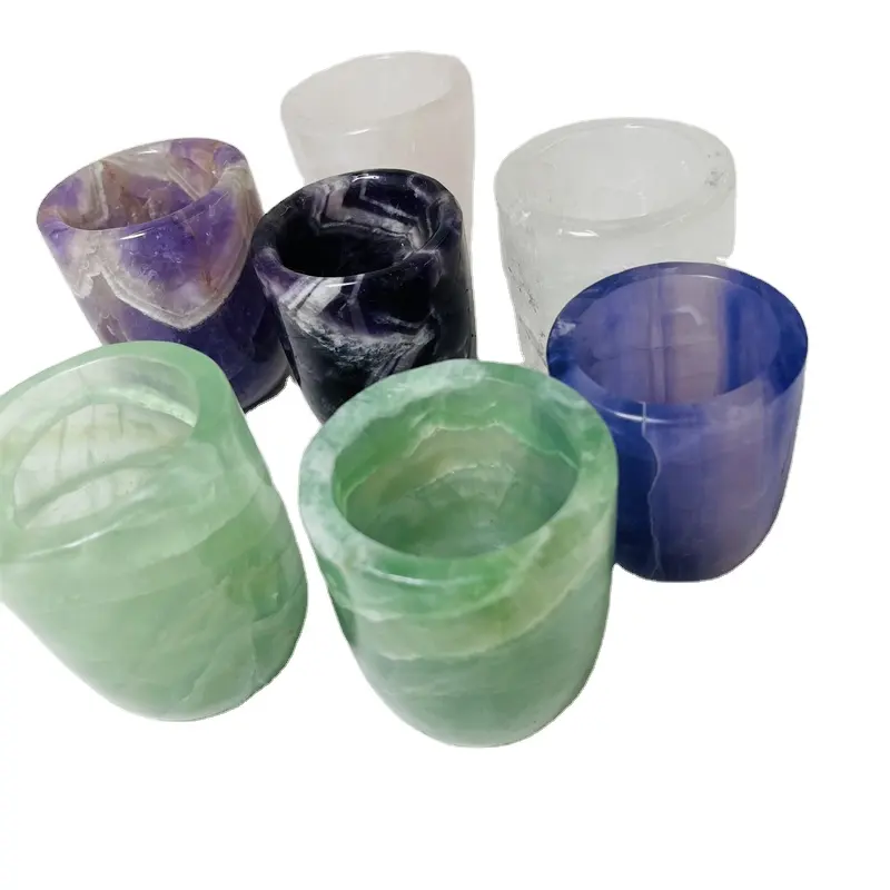 Tazza di cristallo naturale all'ingrosso guarigione Fluorite e tazza di tè ametista da sogno per regalo