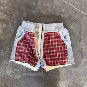 New Arrival Custom Plaid Patchwork <b>3</b>/<b>4</b> Long Sweat <b>Shorts</b> Streetwear Wide Leg <b>Shorts</b> for <b>Men</b> - Product Image 4