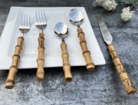 Ensemble de couverts écologiques en acier inoxydable 304 avec manche en bambou naturel, design vintage moderne, pour mariage, maison, thé, dessert, fête