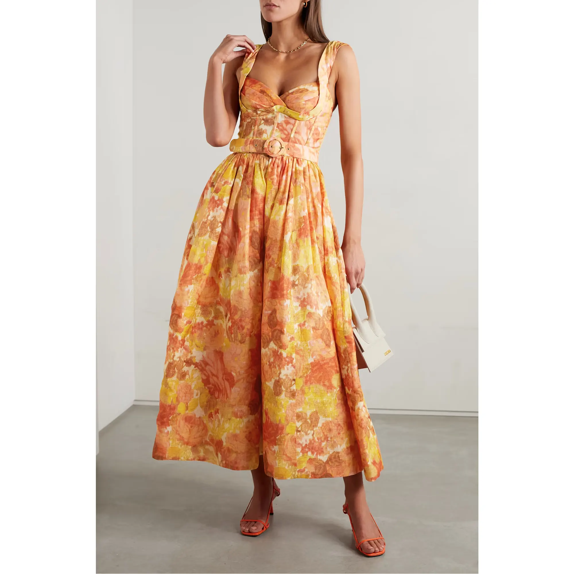 Custom High Quality Ladies Linen Long Dress Belted Floral-Print Linen & Silk-Blend Midi Casual Dress For Women Sundress Vestido