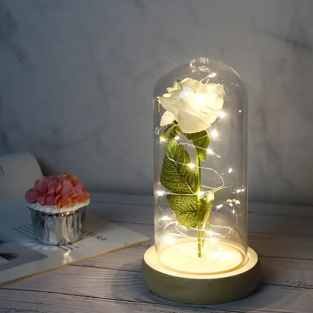 Schönheit und das Biest Rose Kit weiße künstliche Blume Rose Geschenk für Mädchen mit LED-Licht in Glaskuppel für Valentinstag