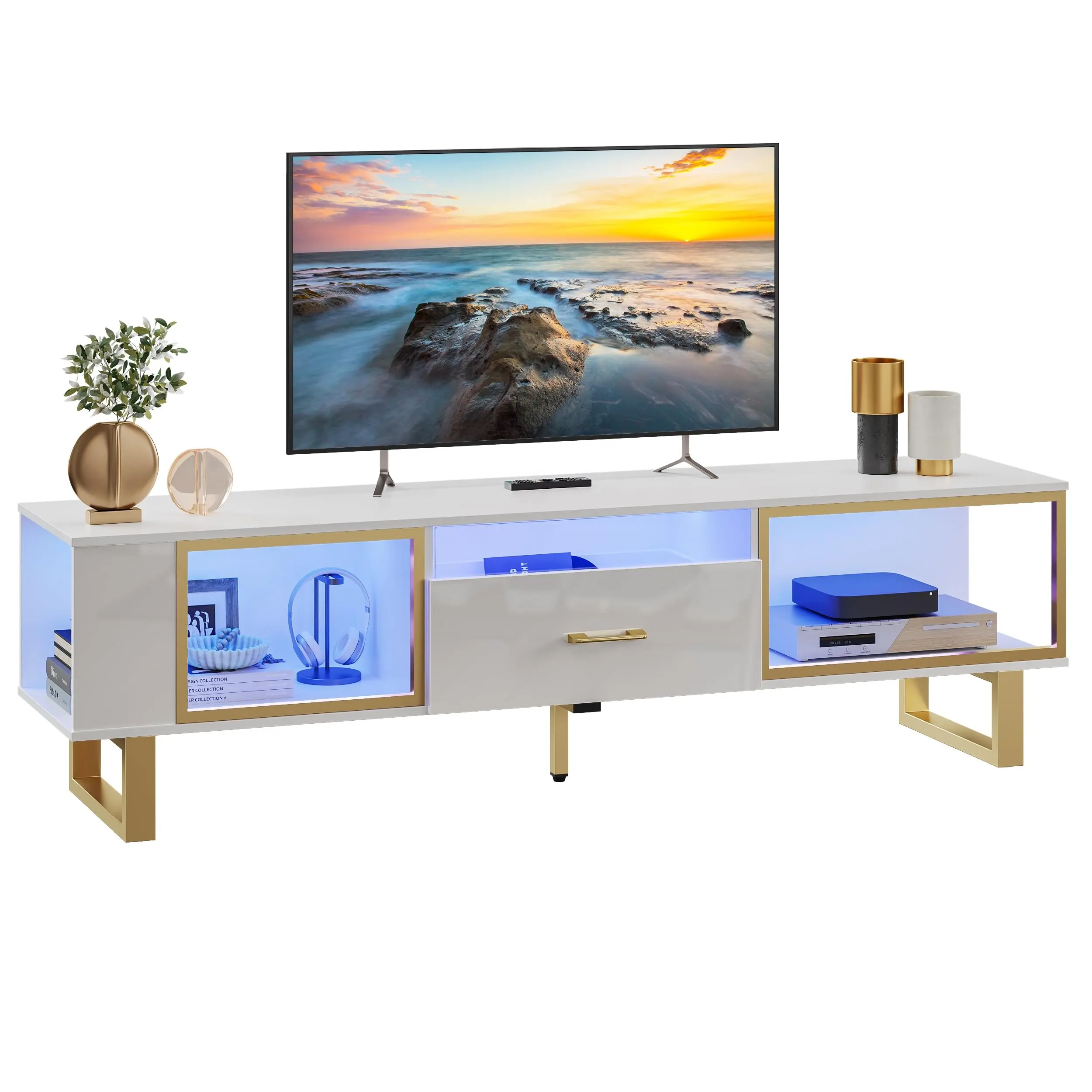 Soporte de TV de madera Blanco alto futurista LED moderno mueble de TV moderno de lujo para sala de estar