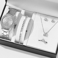 Ensemble 5 Pièces Montre Femme Bague Collier Boucles d'Oreilles Montre-Bracelet Strass Montres Décontractées pour Dames avec Bracelet, Sans Boîte