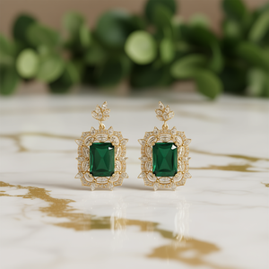 Orecchini pendenti in oro E1896 con smeraldo simulato, design floreale vintage, per donna, gioielli da festa - Product Image 2