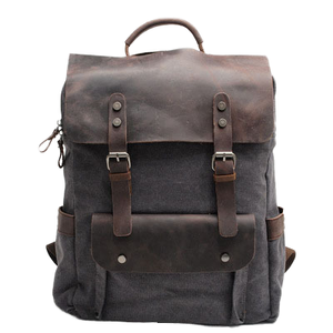 Wholesale Retro Academic Wild Horse Leather Trim Decoration <b>Laptop</b> Compartment Waterproof College Rucksack Canvas <b>Backpack</b> - Product Image 1
