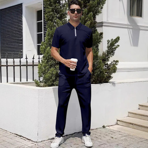 Ensemble Polo Homme Été Fin en Polyester Décontracté Sport Deux Pièces Abricot Bleu Clair Marine Blanc Gris Noir DF24ZY-16 - Product Image 2
