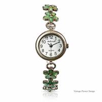 Jam Tangan Gelang Bunga Vintage untuk Wanita, Lapisan Perak Antik, Enamel Hijau, Quartz, Jam Tangan Wanita, Hadiah Cottagecore