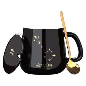 Tasse à café en céramique <span class=keywords><strong>Horoscope</strong></span> Douze Constellations, glaçure noire, ensemble de tasses d'astrologie en céramique avec couvercle et cuillère - Product Image 1