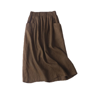 Women's Mid Length Linen <b>Skirt</b> Coffee Brown <b>Elastic</b> Waist Loose Fit Casual Summer Wear - Product Image 5