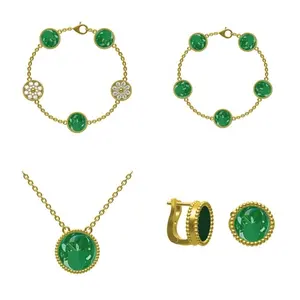 Girls High-end 18K Gold Green Malachite Bracelet Pendant Earrings Set Wholesale.