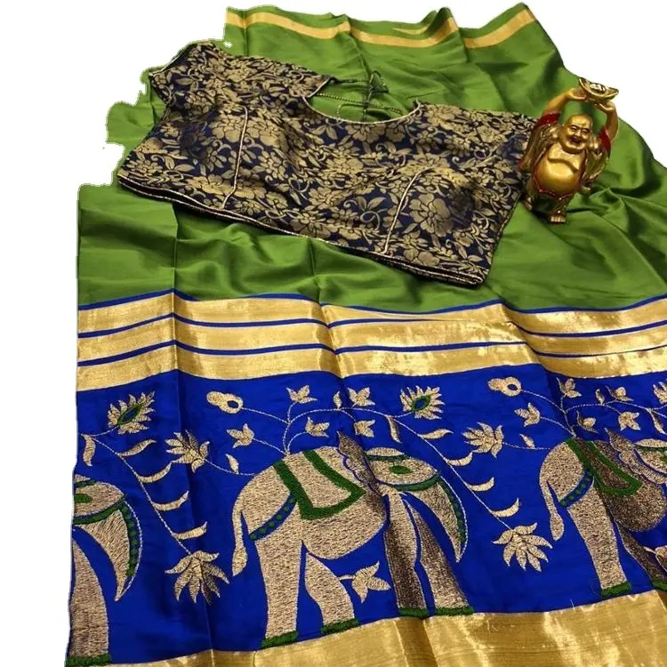 Gelbe und grüne Satin seide Schöne bedruckte indische Baumwoll seide Zardosi Work Long Weaving Pallu Saree mit Kontrast bluse