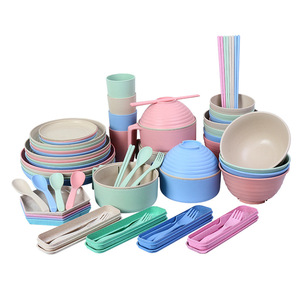 Ensemble <span class=keywords><strong>de</strong></span> <span class=keywords><strong>vaisselle</strong></span> portable en paille <span class=keywords><strong>de</strong></span> blé : Assiette, assiette à os, assiette ronde, assiette carrée, tasse à eau, bol à riz, baguettes, cuillère, ensemble <span class=keywords><strong>de</strong></span> couverts - Product Image 5