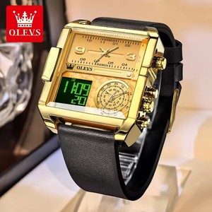   Montre pour homme, bracelet en cuir tendance, montre électronique carrée à quartz, montres pour hommes, double fuseau horaire, alarme, chronomètre lumineux - Product Image 2