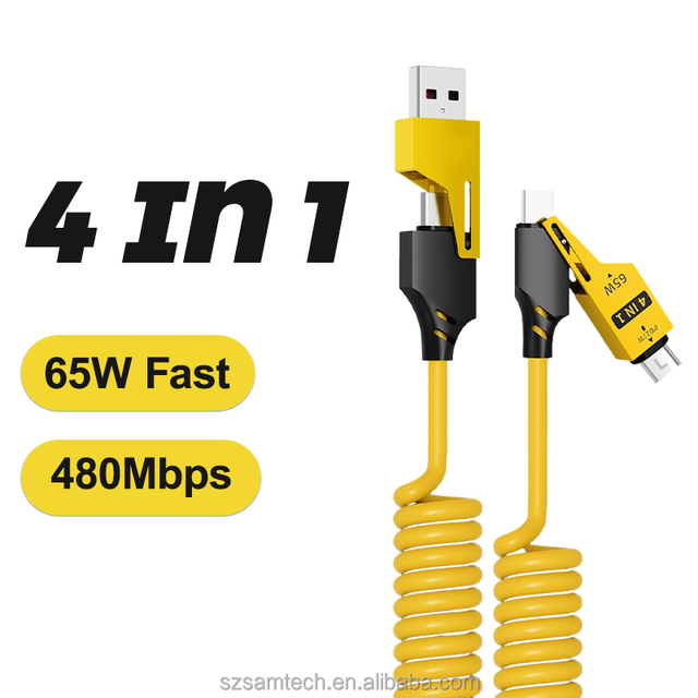 4 in 1 Spring Fast Charging Cable 60W USB-C PD Multi Fast Charging 1.5m/5ft Retractable Cable for Phone Laptop