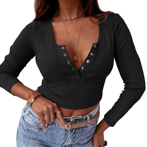 Trendy <strong>Women's</strong> Slim Fit Button Crop Top Long Sleeve <strong>Henley</strong> <strong>Shirts</strong> with Scoop Neck T-<strong>Shirts</strong> - Product Image 1