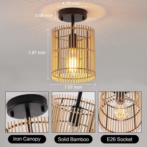 SGLfarmty 1-Light Boho Semi Flush Mount Ceiling Light <b>Rattan</b> Wood Base with Woven Bamboo <b>Shade</b> IP44 Rating - Product Image 6