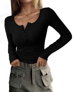 Camisa de algodón para mujer, camisetas de manga larga de otoño 2025, blusa básica informal ajustada de punto acanalado con botones - Product Image 2