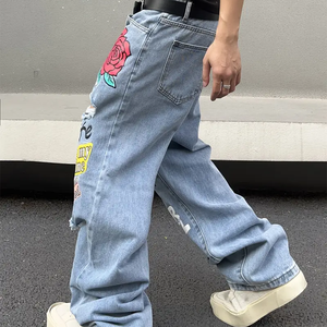 Jeans <span class=keywords><strong>en</strong></span> denim imprimé graffiti Y2K personnalisés pour hommes, streetwear, coupe ample, délavés, déchirés, style décontracté - Product Image 5