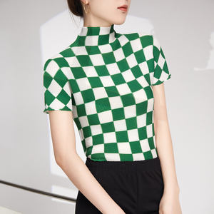 Camiseta Casual Plisada de Alta Elasticidad para Mujer, Verano 2025, Estampado a Cuadros, Cuello Alto, Manga Corta, Ecológica, Ajustada - Product Image 4