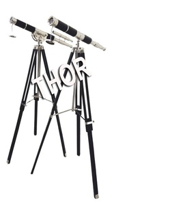 Telescopio de doble barril de niquelado, telescópico de diseñador de cuero negro con trípode de madera negra, soporte de suelo con acabado cromado - Product Image 1