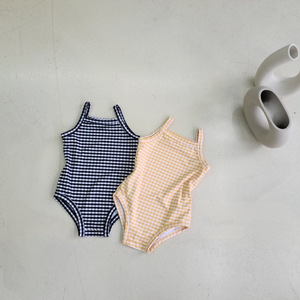 Traje de Baño de una Pieza con Tirantes para Bebés Niñas, Estilo Coreano, con Estampado de Lunares y Cuadros, con Capucha, sin Mangas, Material de Nailon - Product Image 2