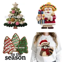 Autocollants Transfert DTF Lavables Prêts à Presser pour Textiles, Motif Arbre de Noël et Père Noël en Crochet Effet Fil Fantaisie, Saison Hivernale