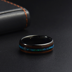 Poya Оптовая Продажа Модные ювелирные изделия для мужчин 8 мм черное покрытие Koa древесина инкрустация синий опал вольфрамовое кольцо для свадьбы - Product Image 4