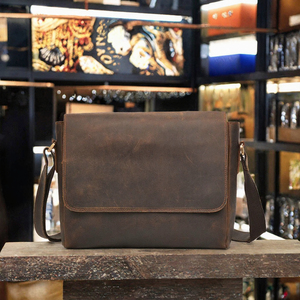 Men's Classic Cow Leather <b>Messenger</b> <b>Bag</b> Adjustable Strap Solid Color Flap Closure Durable Business <b>Crossbody</b> <b>Bag</b> - Product Image 3