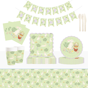 DAMAI Happy <b>Easter</b> Theme Table Decorations <b>Kit</b> Light Green Disposable Paper Plates Banner Napkin Party Tableware Set - Product Image 1