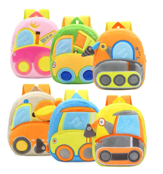 2-4 Years Cute Cartoon Excavator Children 3D Car Engineering Vehicle Plush Backpack Girls Kids Kindergarten School Bag