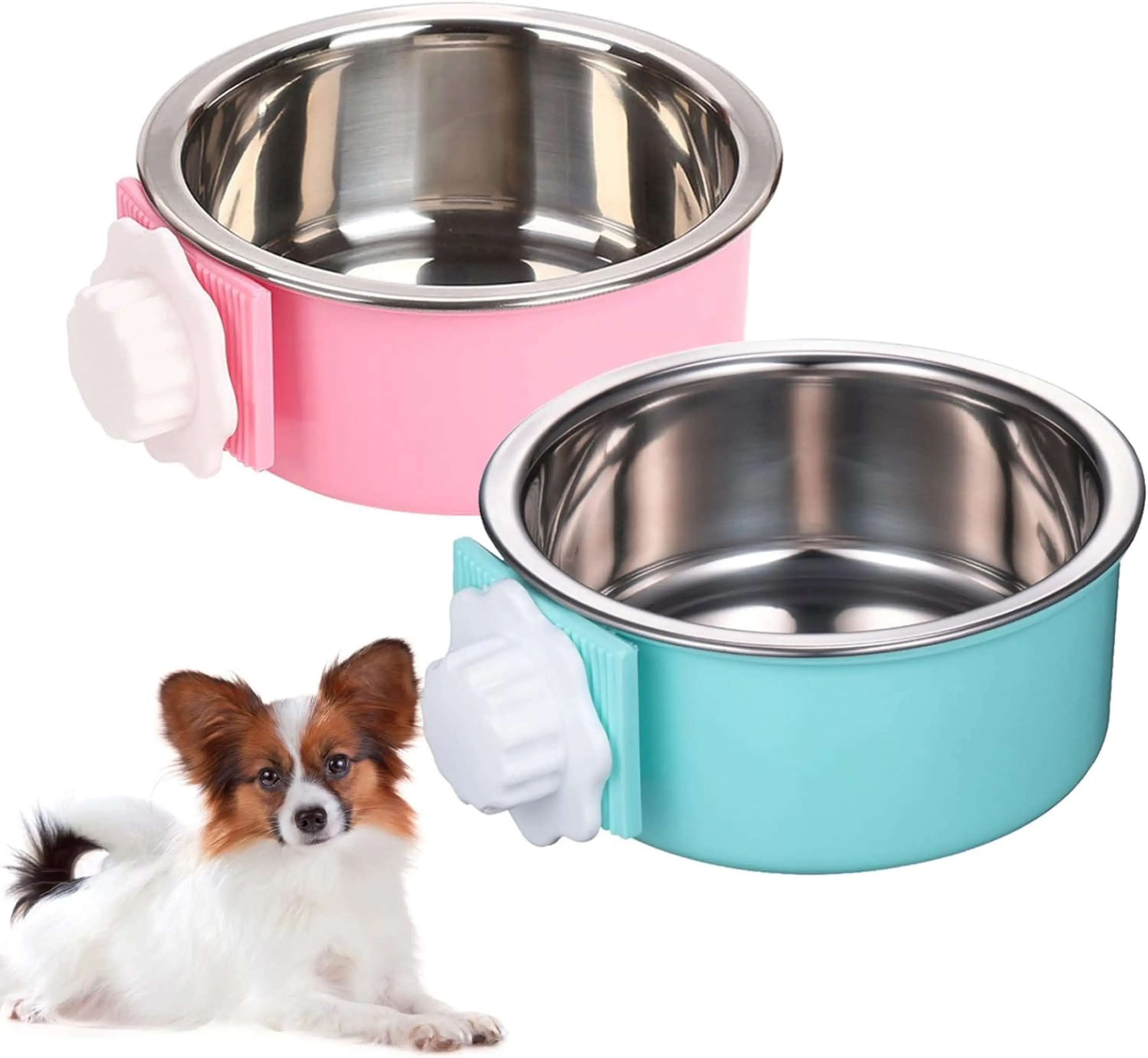 Wholesale Cheap Round Removable Hanging 2-in-1 Plastic Bowl & Stainless Steel Crate Dog Bowl Food Water Feeder