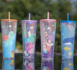 2026 Luxury Plastic Tumbler with Straw Wholesale Custom Logo Double Wall Glitter Ocean Pattern Water <b>Bottle</b> Kids Cup Factory - Product Image 2