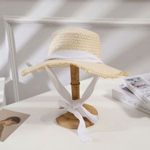 Summer Seaside Vacation Wide-brimmed Burlap Flutter Tie Woven Straw Sun <b>Hat</b> <b>Flat</b> Top Sun Beach Girls Straw <b>Hats</b> for Women - Product Image 2