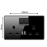 Prise multifonctionnelle britannique de haute qualité 13A avec charge rapide USB, panneau en verre trempé noir carré, 3 broches