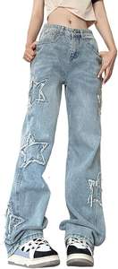 Femmes taille haute jambe large Y2K Denim <span class=keywords><strong>jean</strong></span> esthétique étoile femmes <span class=keywords><strong>jean</strong></span> pantalon filles petit ami coupe ample étoile broderie <span class=keywords><strong>jean</strong></span> - Product Image 2