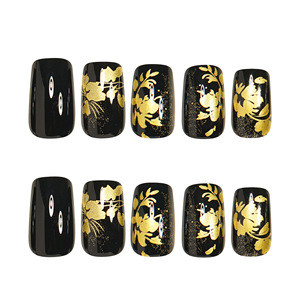 24 Stück Chinesischer Stil Schwarze Glänzende Elegante Vorgefertigte Künstliche Fingernägel mit Goldenem Blätterdesign Quadratische Aufdrück-Fingernägel - Product Image 3