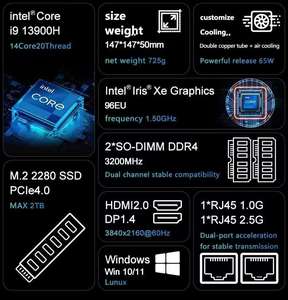 Venta caliente Mini PC Gamer I9 13900H 12900H I7 13700H <span class=keywords><strong>I5</strong></span> 13500H 2xLAN 2xDDR4 2xNVMe Mini computadora de escritorio para juegos WiFi6E BT5.2 - Product Image 6