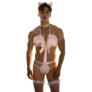 Pink cat-themed sexy bunny girl lingerie set for men, see-through <b>fishnet</b> <b>stockings</b>. - Product Image 5