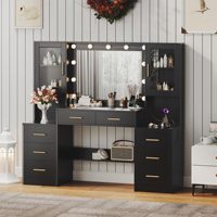 Coiffeuse de chambre moderne noire 58,27 pouces avec miroir éclairé 3 modes, 8 tiroirs, 2 armoires de rangement et station de charge