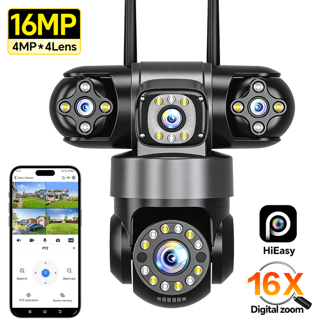 16MP 4MP*4 WiFi PTZ Security Camera 4 Lens Outdoor CCTV Camera 16X Zoom Motion Detection Alarm 2-Way Audio CCTV Camera